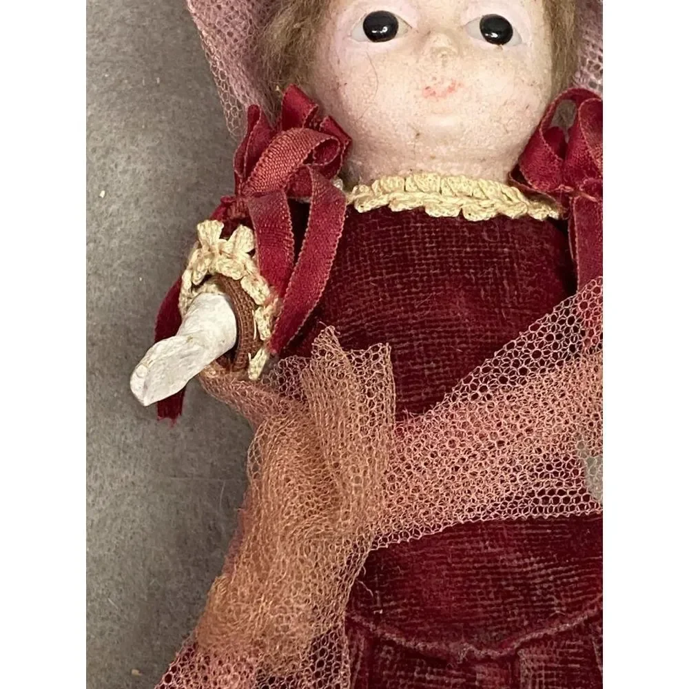 ANTIQUE 10 INCH WAX HEAD LADY‎ DOLL CLOTH BODY PAPER MACHE LEGS WOOD ARMS